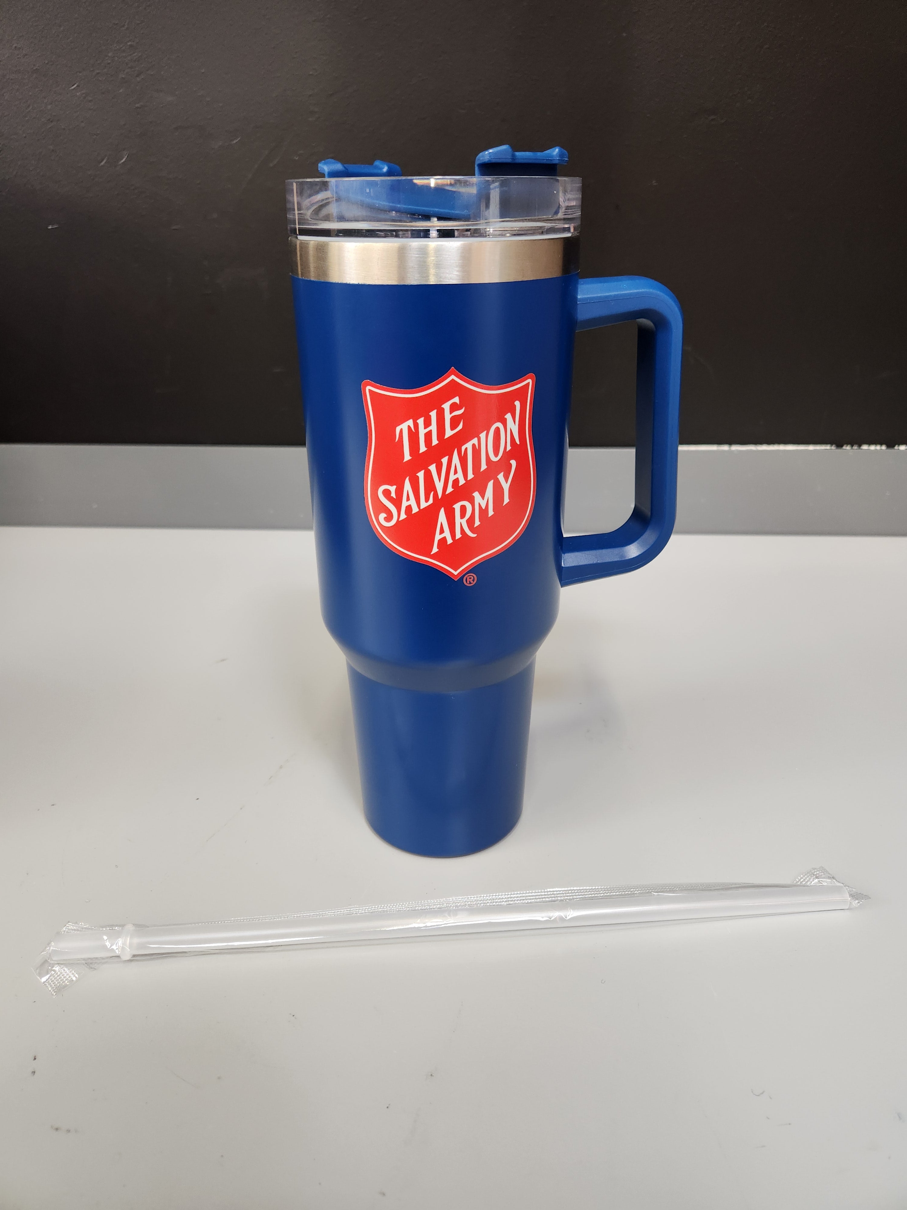 Stainless steel travel mug w/handle